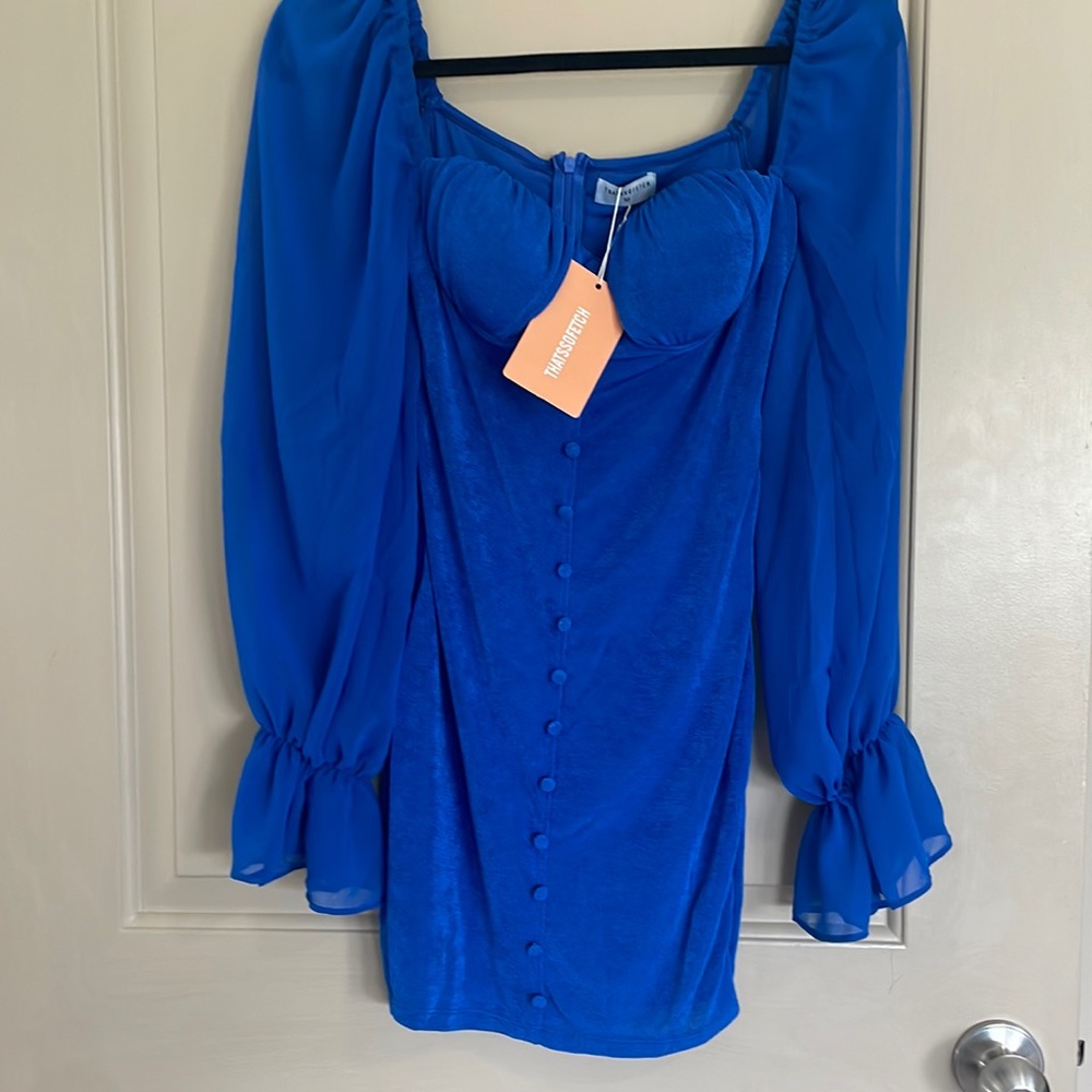 Velvet electric blue dress with sheer sleeves